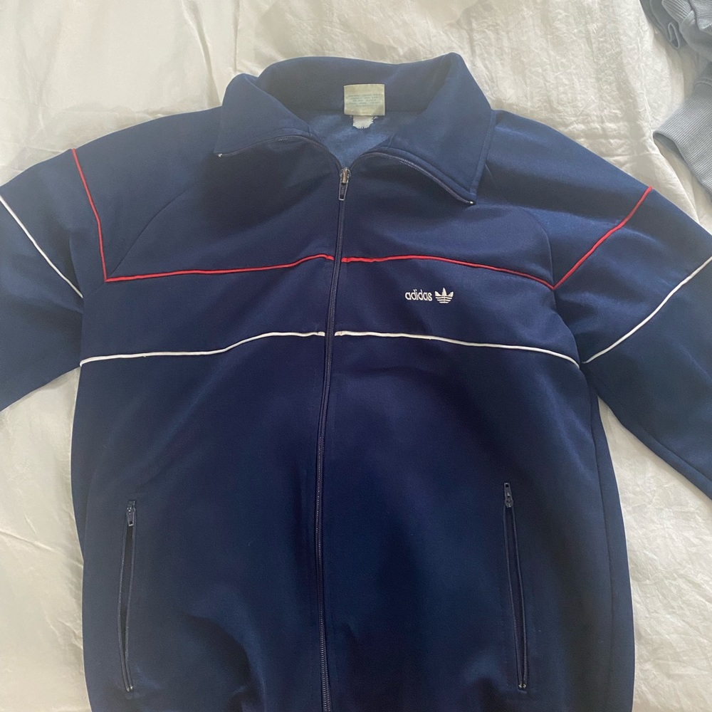 Adidas jacket navy with red and white stripes